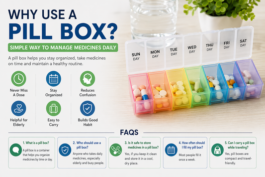 Infographic showing benefits of using a pill box for daily medicine management including organization, reminder of doses, and health routine support.