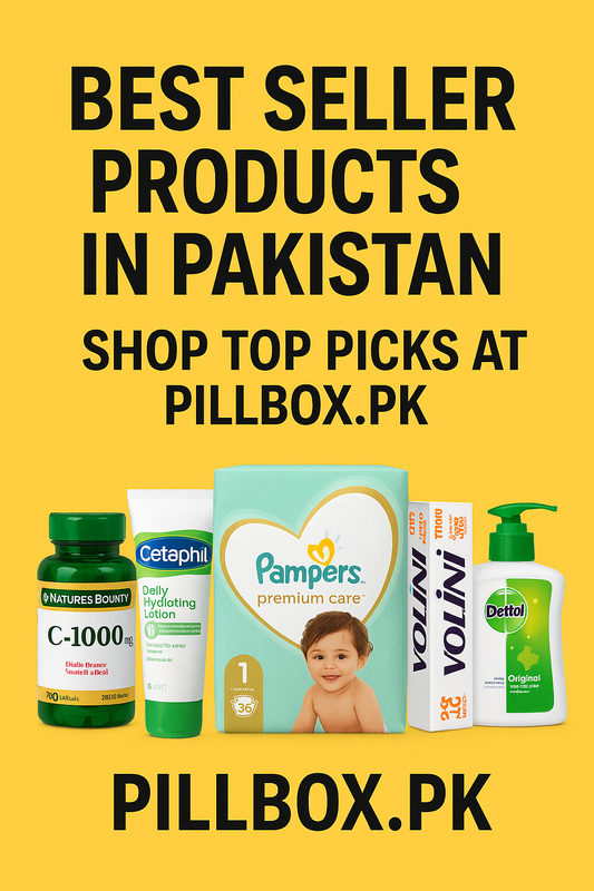 “Best seller products in Pakistan displayed with vitamins, skincare, baby diapers, pain relief spray, and hand wash – PillBox.pk banner.”