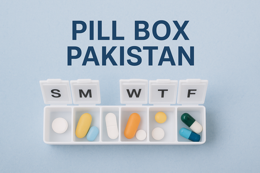 “Pill Box Pakistan – White seven-day medicine organizer with colorful pills on a light blue background.”