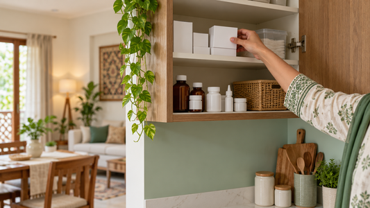An adult hand places a medicine box in a clean home cabinet beside medicine bottles.
